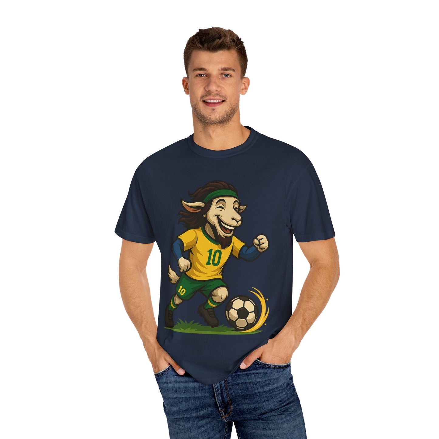 Brazil Soccer Goat T-Shirt - Unisex Garment-Dyed with #10 Back Design