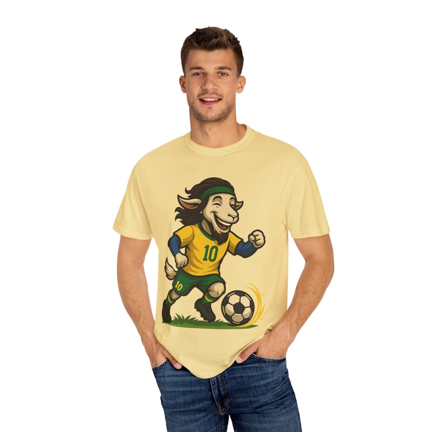 Brazil Soccer Goat T-Shirt - Unisex Garment-Dyed with #10 Back Design